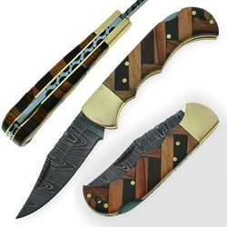 damascus steel pocket knife 6.5" natural & olive wood handle with sharping rod & leather sheath