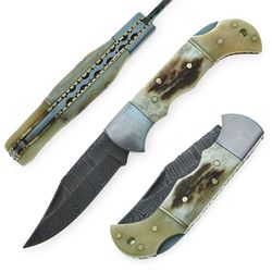 damascus steel pocket knife 6.5" natural stag horn & camel bone handle with sharping rod & leahter sheath