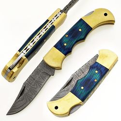 damascus steel pocket knife 6.5" pakka wood(blue) double bolster handle with sharping rod & leather sheath