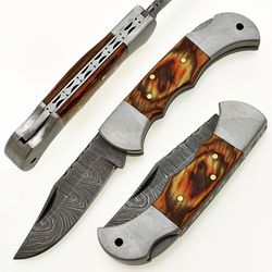 damascus steel pocket knife 6.5" pakka wood(brown) double bolster handle with sharping rod & leather sheath