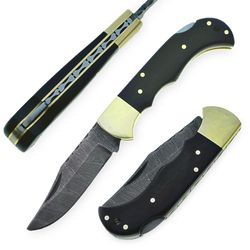 damascus steel pocket knife 6.5" natural buffalo horn handle with sharping rod & leather sheath