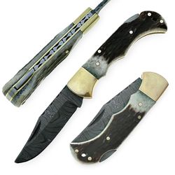 damascus steel pocket knife 6.5" natural stag horn handle with sharping rod & leahter sheath