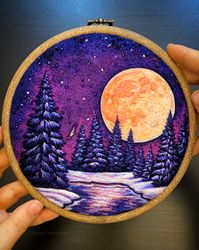 purple winter tales. felted and embroidered winter landscape. hoop art wall hanging