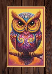 summer owl, watercolor. pdf download pattern/charts. large cross stitch. dmc threads. pattern keeper and markup as well.