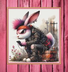 punk rabbit, watercolor. large cross stitch. pdf download pattern/charts. dmc threads. pattern keeper and markup as well