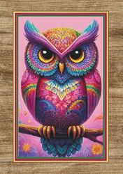 spring owl, watercolor. large cross stitch. pdf pattern/charts. dmc threads. pattern keeper and markup as well.