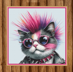 punk rocker cat, watercolors. pdf download pattern/charts. dmc threads. pattern keeper and markup as well. needlework.