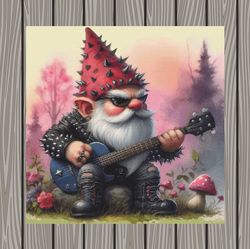 punk rocker gnome, watercolor. large cross stitch. pdf download pattern/charts. dmc threads. pattern keeper and markup.