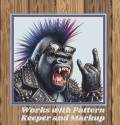 punk rock gorilla. large cross stitch. pdf download pattern/charts. dmc threads. needlework.