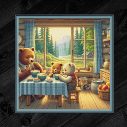 3 bears having breakfast. large cross stitch. dmc threads. pattern keeper & markup as well. needlework