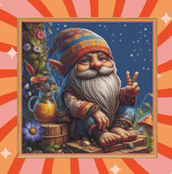 hippie gnome, large cross stitch. dmc threads. pattern keeper/markup as well. needlework. watercolour.