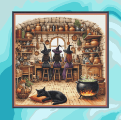 watercolour witch's kitchen. large cross stitch. dmc threads. pattern keeper/markup as well. needlework.