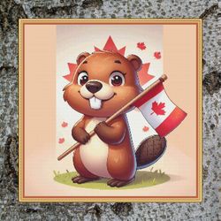 beaver with canadian flag. large cross stitch. dmc threads. pattern keeper and markup as well. needlework.