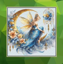 watercolor, blue & gold fairy. large cross stitch. pdf download. pattern keeper, markup as well. dmc threads. needlework