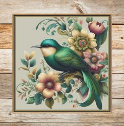 green bird, watercolor. large cross stitch. pdf download. dmc threads. pattern keeper/markup as well. needlework.