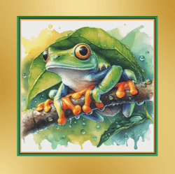 tree frog, watercolor. pdf download. large cross stitch. pattern keeper/markup. dmc threads. needlework.