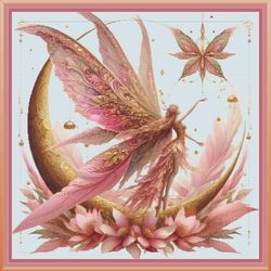 a pink and gold fairy. large cross stitch. pdf download. pattern keeper/markup as well. dmc threads. needlework