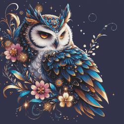 a blue and gold owl with flowers. a large counter cross stitch. pdf download pattern/charts. dmc threads. p patter