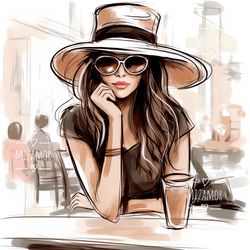 fashion illustration for commercial use, fashion clipart, digital illustration, fashion sketch, girl in cafe drawing