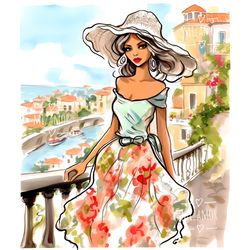 fashion illustration for commercial use, fashion clipart, digital art illustration, amalfy coast italy illustratration