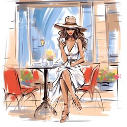 fashion illustration for commercial use, fashion clipart, digital art illustration, fashion sketch, girl in cafe drawing