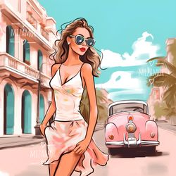 bahamas girl fashion illustration for commercial use, fashion sketch clipart, digital art print, travel illustration