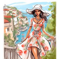 positano italy fashion illustration for commercial use, fashion clipart, digital travel illustration, fashion drawing