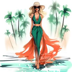 bora bora fashion girl fashion illustration for commercial use, fashion clipart, digital travel illustration drawing