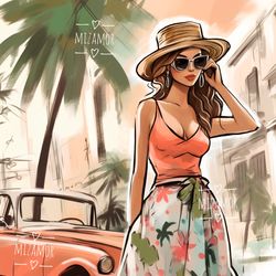 cuba fashionista fashion illustration for commercial use, fashion clipart, digital travel drawing, fashion wall art