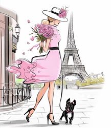 pink dress girl with flowers in paris fashion illustration for commercial use, fashion wall art print printable clipart