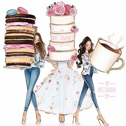 girls with sweets fashion illustration for commercial use, fashion clipart, digital illustration for confectionery cafe