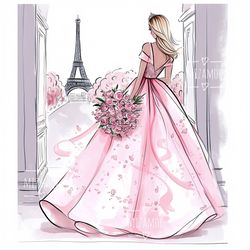 pink dress princess with flowers in paris fashion illustration for commercial use, clipart, fashion wall art printable