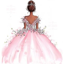 bride in pink flowers dress fashion illustration for commercial use, fashion sketch, clipart, fashion wall art print