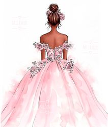 bride in pink flowers dress fashion illustration for commercial use, fashion drawing, clipart, fashion wall art print