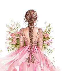 bride in pink wedding dress with flowers fashion illustration for commercial use, clipart, fashion wall art printable