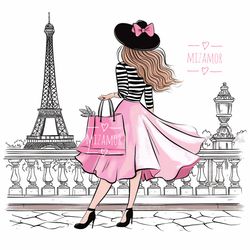 girl in paris fashion illustration for commercial use, fashion sketch, fashion clipart, fashion wall art print printable