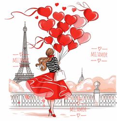 girl with balloons in paris fashion illustration for commercial use, clipart, fashion digital drawing wall art printable