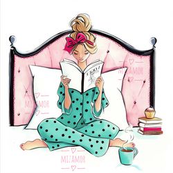 breakfast in bed fashion illustration for commercial use, fashion clipart, digital illustration, fashion wall art print