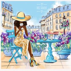 girl in a french cafe fashion illustration for commercial use, fashion drawing clipart, fashion wall art print printable