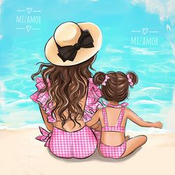 mom and daughter on the beach fashion illustration for commercial use, fashion drawing, clipart, fashion wall art print