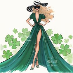 st patrick's day girl in green dress fashion illustration for commercial use, fashion sketch, clipart, fashion art print