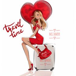 travel time girl in red dress on a suitcase fashion illustration for commercial use, fashion clipart, fashion art print