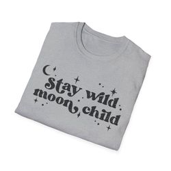 "stay wild moon child" print crew neck t-shirt casual short sleeve top, grey