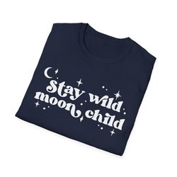 "stay wild moon child" print crew neck t-shirt casual short sleeve top, navy blue