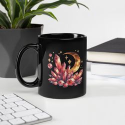 red crystals and golden moon black glossy mug - tea mug - coffee lover - personalized mug - 11oz, 15oz mug