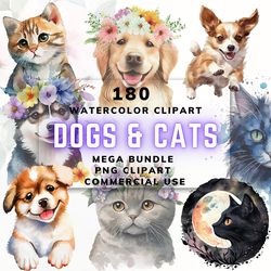 watercolor clipart cats and dogs, 180 cute pets png bundle, 180 watercolor drawings cats and dogs, digital download