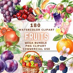 180 watercolor fruits clipart bouquets, stickers, png, digital download, watercolor fruit clipart, digital download