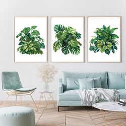 abstract print, tropical wall art, plants artwork, plants, flowers, printable watercolor 3 set of tropical art