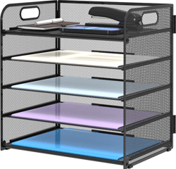 5 trays paper organizer with handle - mesh desk file/letter organizer , color:black