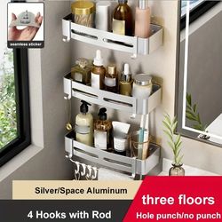 non-drill aluminum bathroom storage rack - wall-mounted corner shelf for shampoo, makeup, and accessories